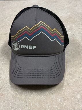 RMEF Gray/Black Mesh Back Adjustable Snapback Trucker Hat Mountain Graphic